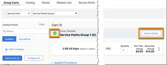 An example order shows the results of Validate and Price. The group in the cart has a green checkmark. The Submit Orders button is also available.