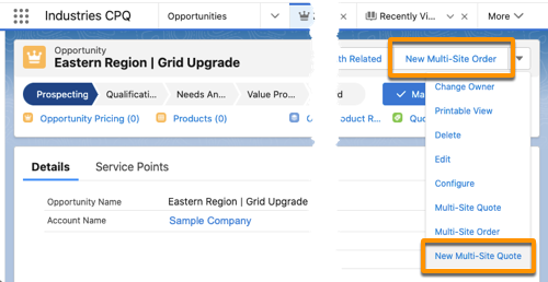 The New Multi-Site Order button and the New Multi-Site Quote menu item are highlighted.