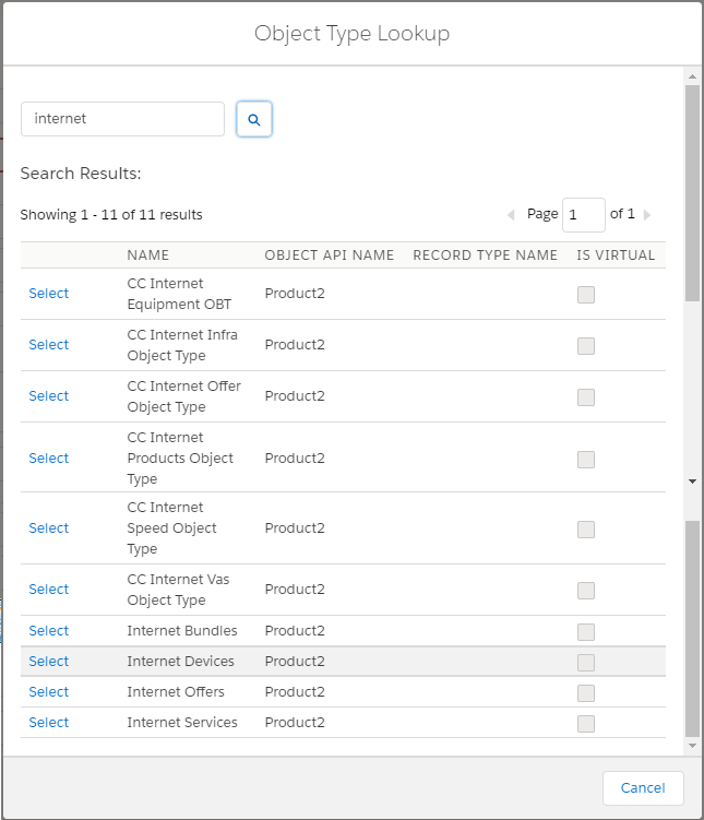 Example of a search for the Internet object type