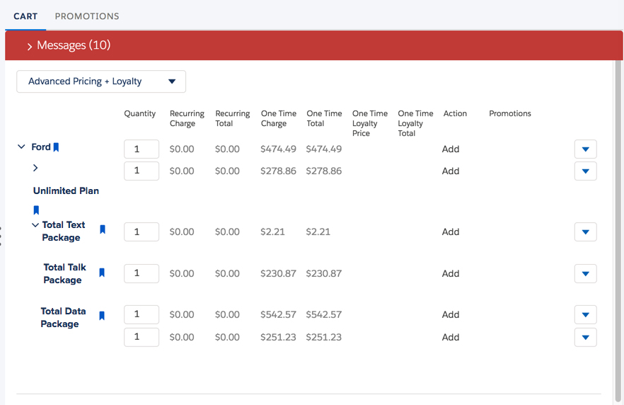 The Cart tab with a top-level product and child products.
