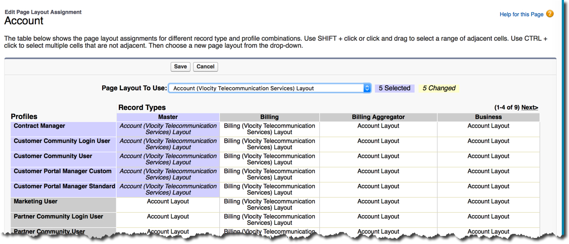 The Page Layout To Use picklist with 'Account (Vlocity Telecommunication Services) Layout' selected.