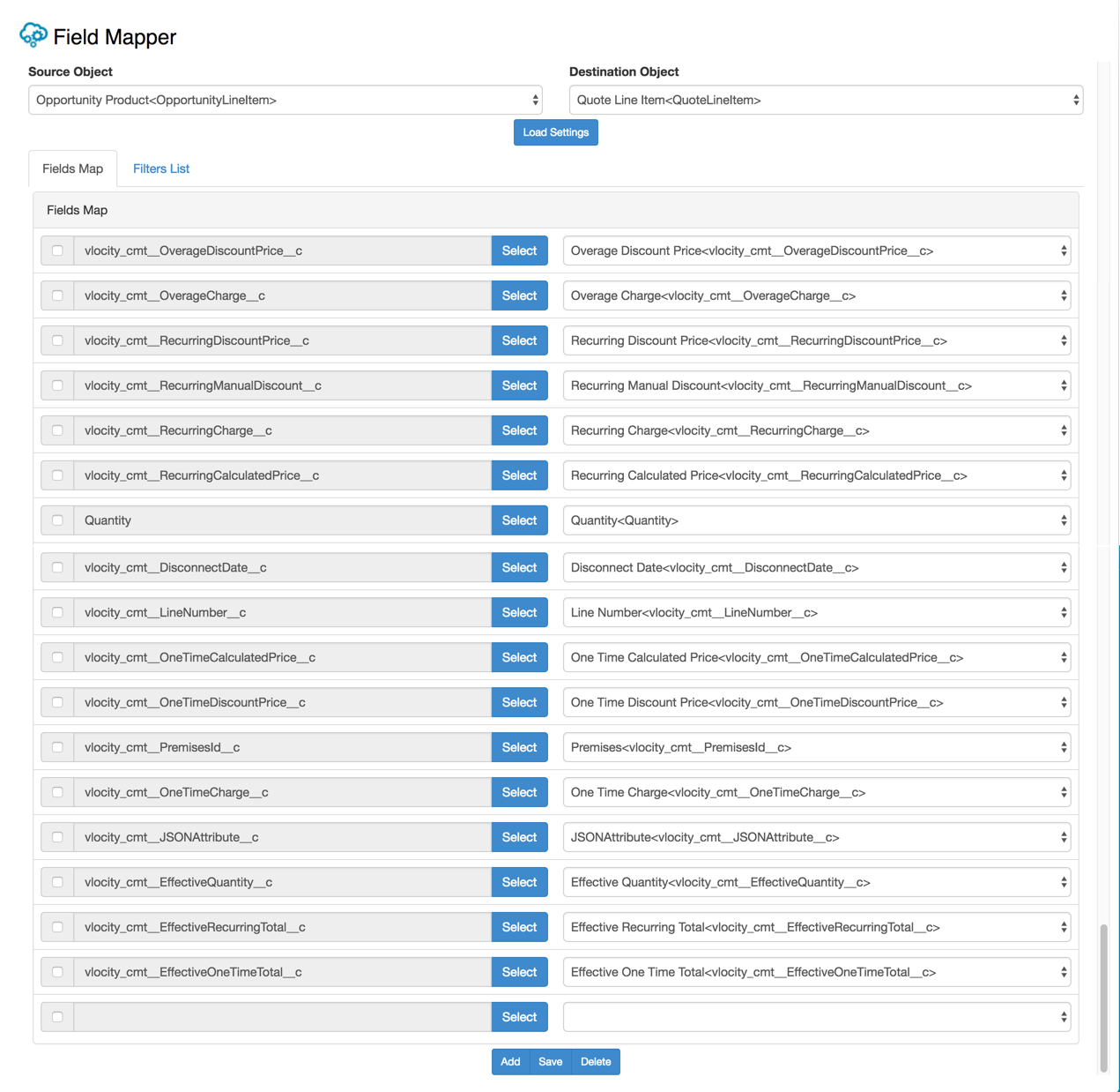 Multiple Opportunity Product fields are mapped to multiple Quote Line Item fields.