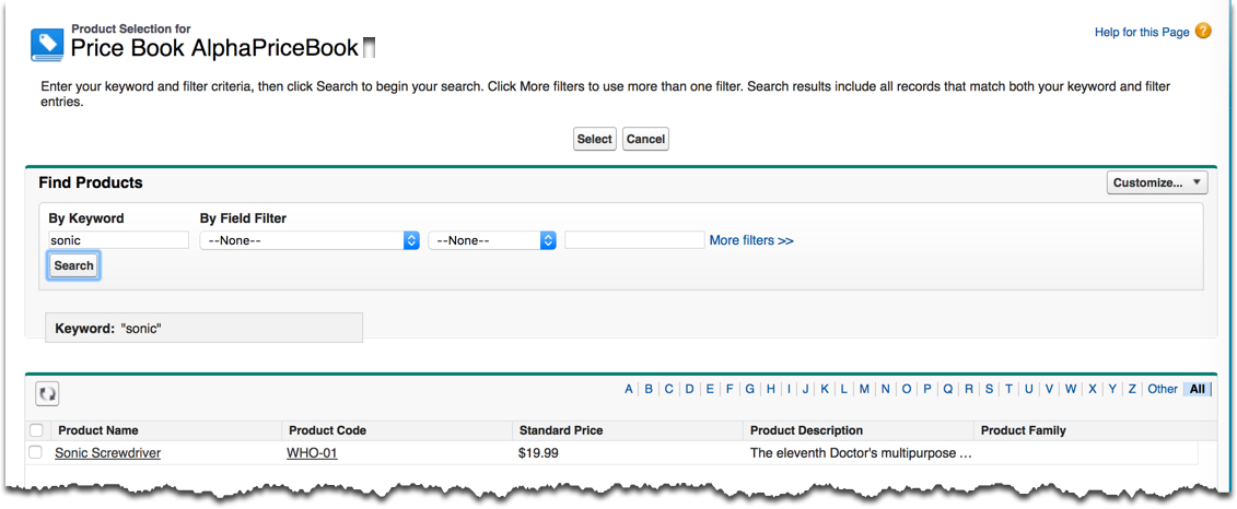 Example of a product search for a pricebook.