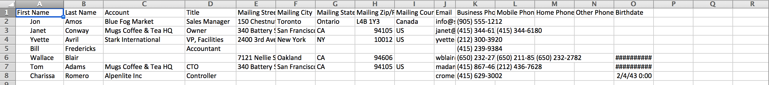 An example CSV file contains Contact information such as First Name, Last Name, and Title.