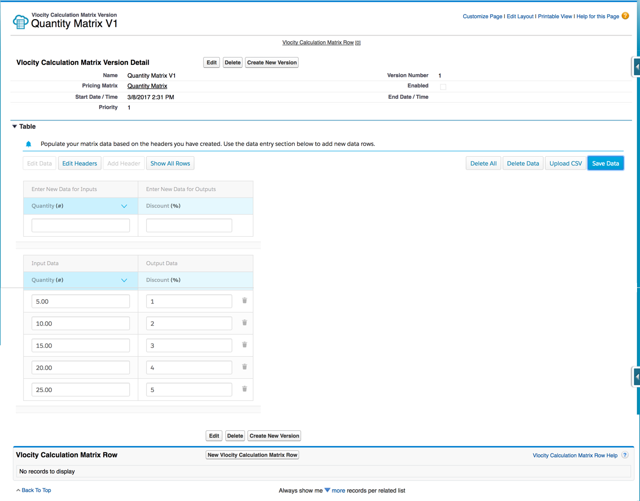 Quantity Matrix V1 matches Discount values 1, 2, 3, 4, and 5 to Quantity values 5.00, 10.00, 15.00, 20.00, and 25.00.