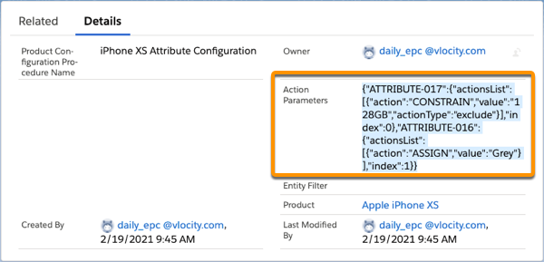Action Parametrs field