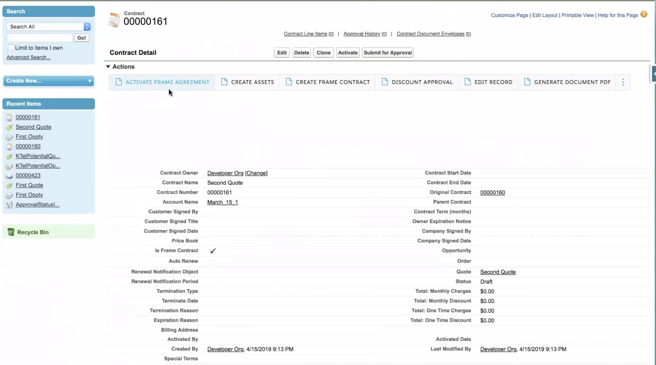 The contract page with the ​Activate Frame Agreement​​ button