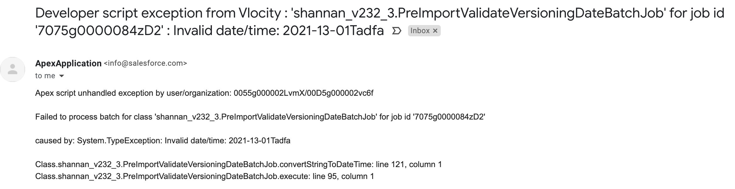 Invalid date format email example.