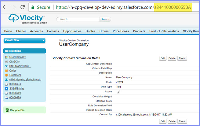 The context dimension Id is in the browser URL following the org hostname.