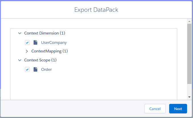The Export DataPack dialog lists a Context dimension and a Context Scope.