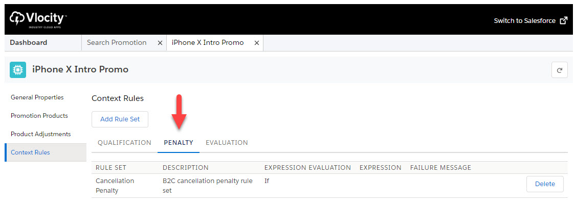 The Penalty tab is on the Context Rules page of a promotion configuration.