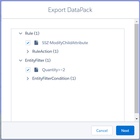 The Export DataPack dialog lists a Rule and an EntityFilter.