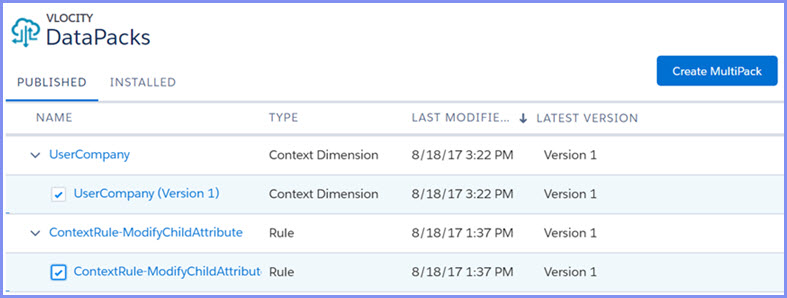 The Vlocity DataPacks page lists Context Dimension and Rule DataPacks. Each is expanded and its component check boxes are checked.