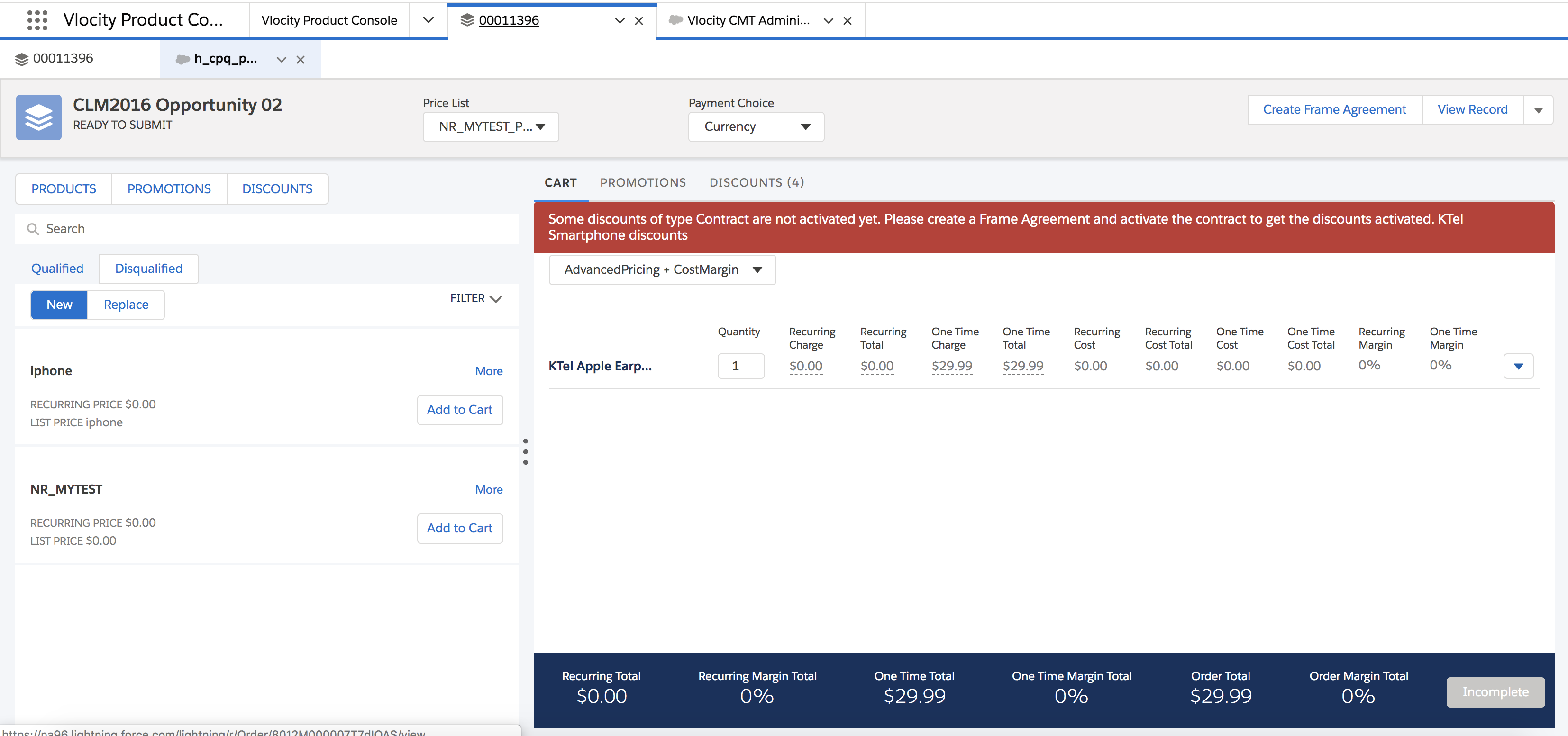 Error message in the Industries CPQ Cart if the contract has not been activated,