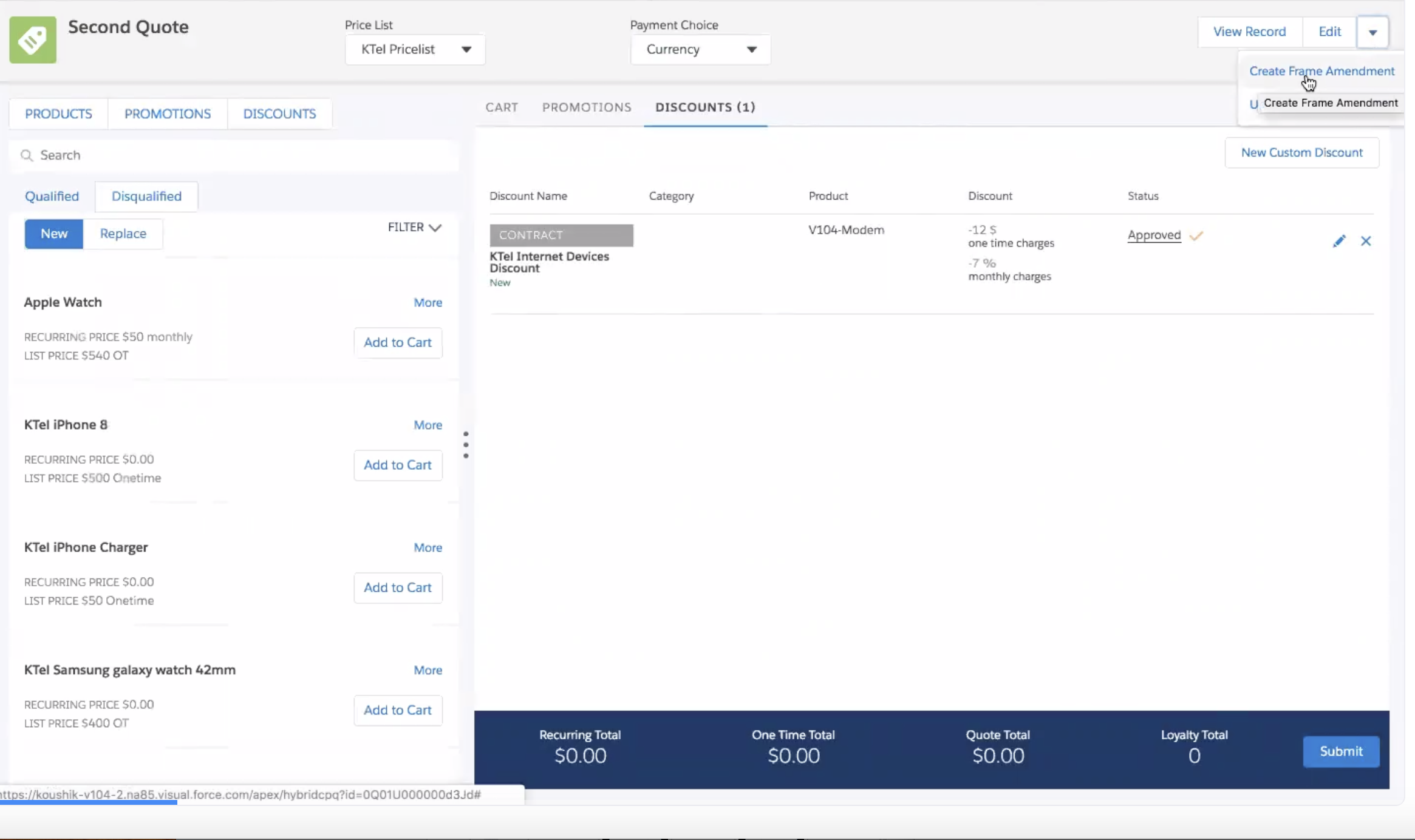 The ​Create Frame Amendment​​ menu item in the cart