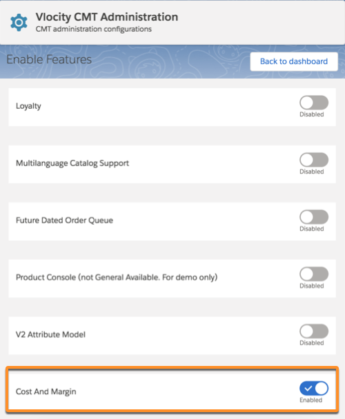 The Enable Features window with Cost and Margin enabled