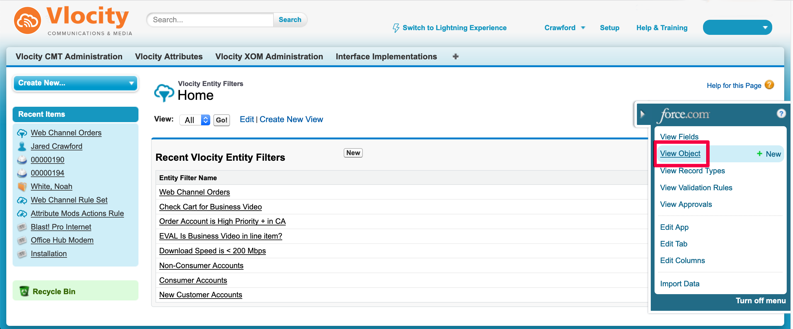 Image of the Salesforce Classic Entity Filters tab highlighting the Quick Access menu's View Object selection