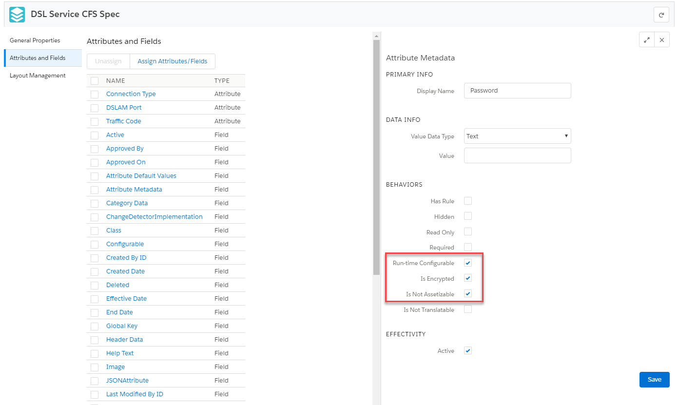 Example of a DSL Service CFS Spec with ​Is Not Assetizable​ and ​Is Encrypted​​ attributes set