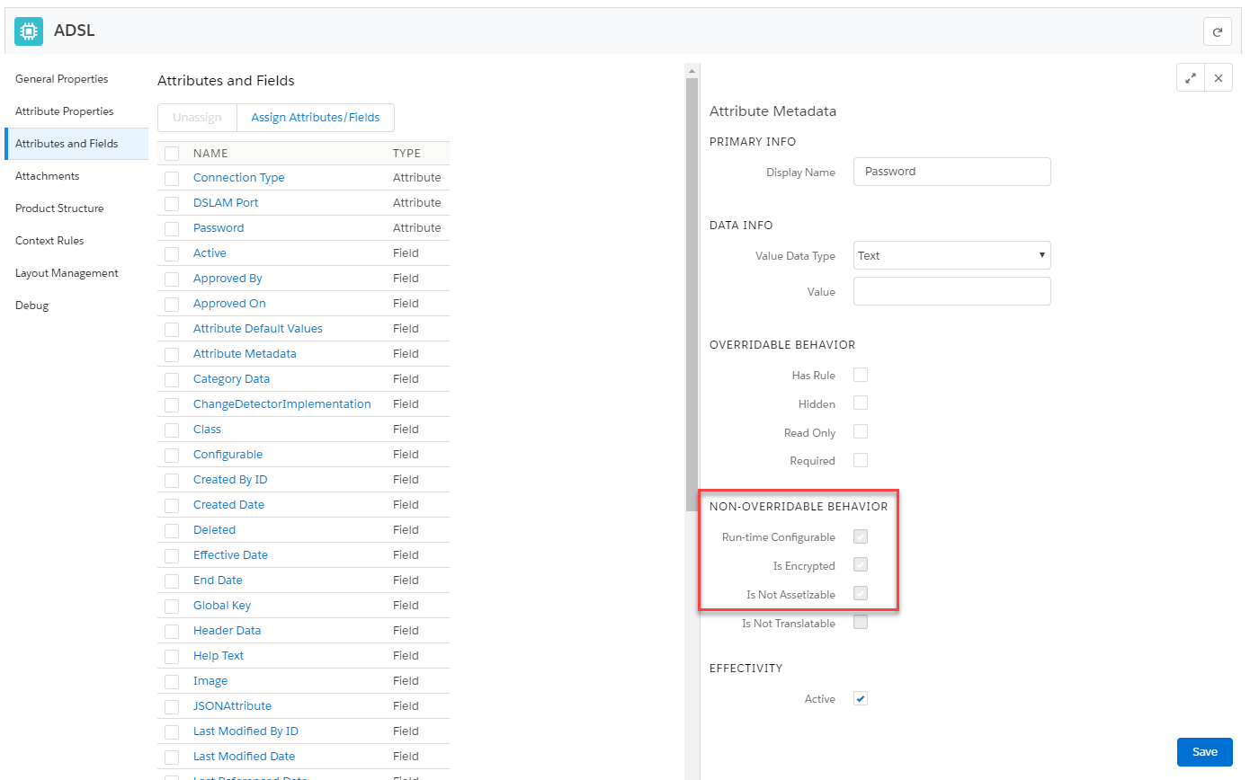 Example of an ADSL product with ​Is Not Assetizable​ and ​Is Encrypted​​ attributes not set