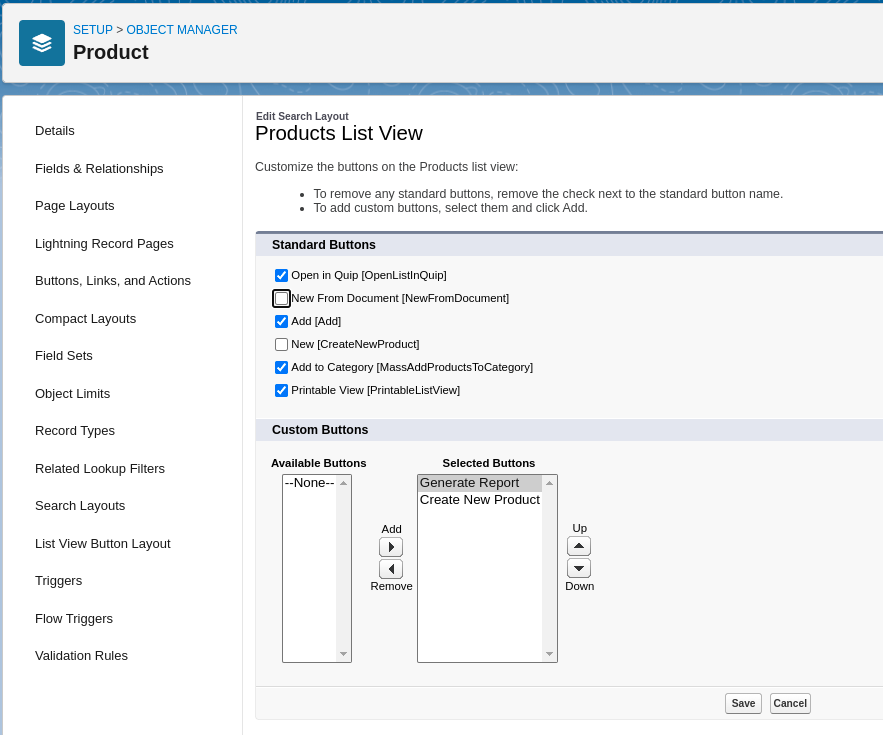 Products List View configuration page