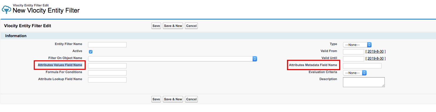Attribute Metadata Field Name and Attributes Values Field Name fields on the Vlocity Entity Filter Edit page.