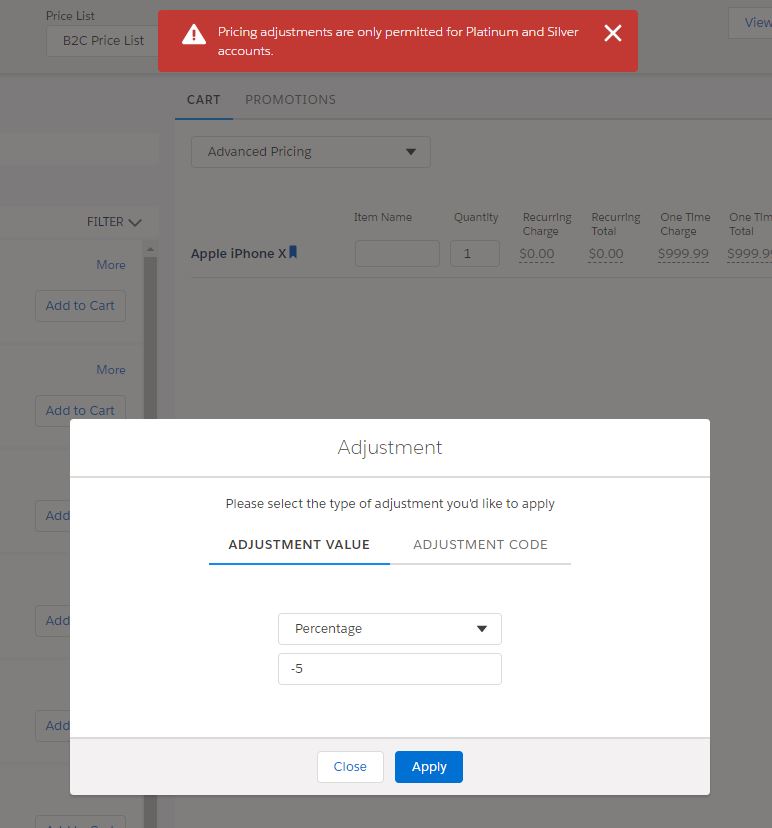 A Failure Message appears above the Adjustment dialog.