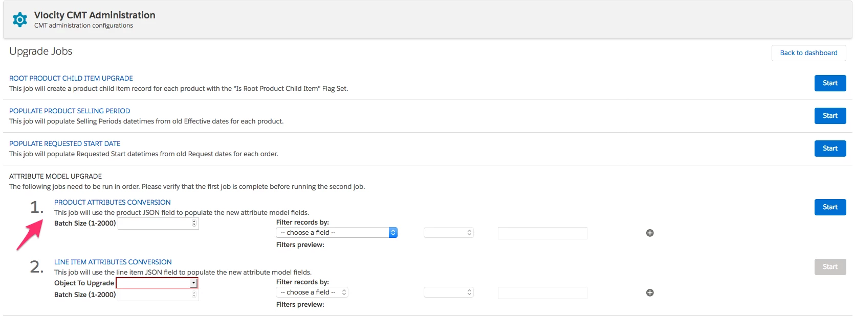 The Product Attributes Conversion job on the Upgrade Jobs page.