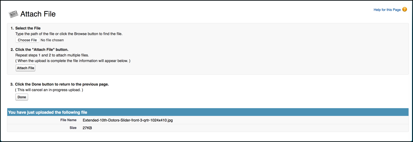 The Attach File dialog with an example of a file uploaded.