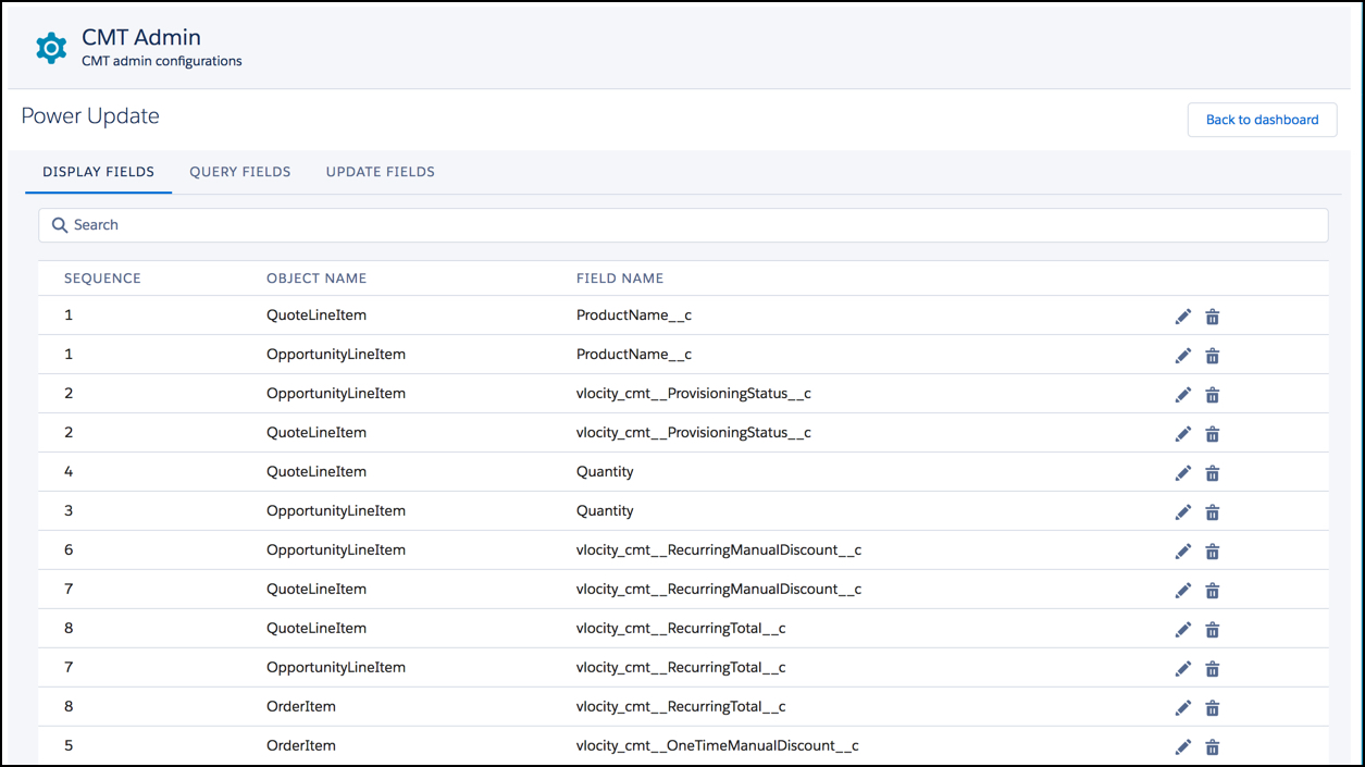 The Display Fields tab lists the fields that correspond to the Power Update Records Panel column headers.