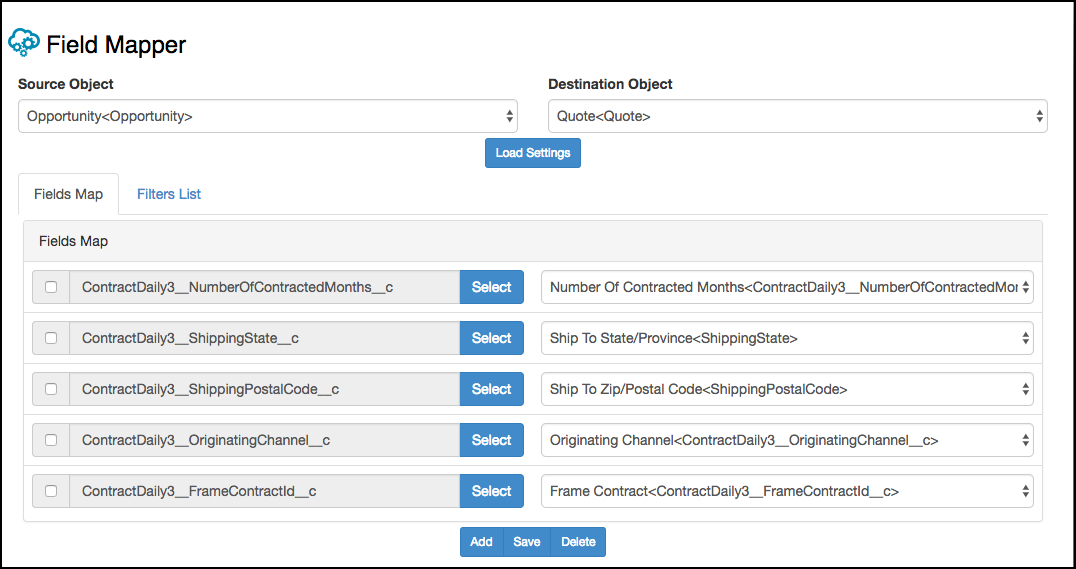Mapped fields are NumberOfContractedMonths, ShippingState, ShippingPostalCode, OriginatingChannel, and FrameContractId.