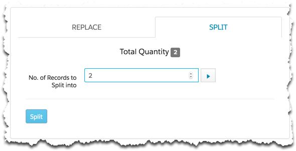 On the Split tab, 'No. of Records to Split into' is set to 2.