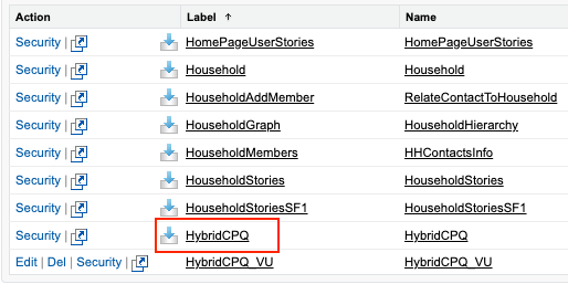 The HybridCPQ page highlighted in the list of Visualforce pages