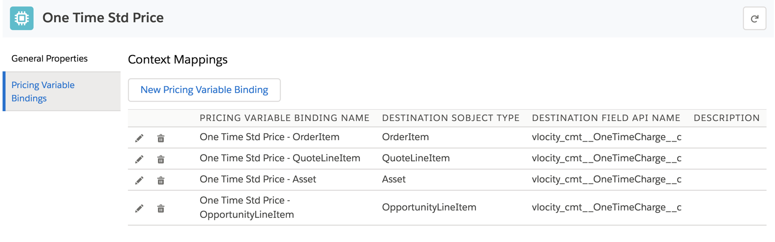 Pricing Variable Bindings for one-time standard price in the Product Console