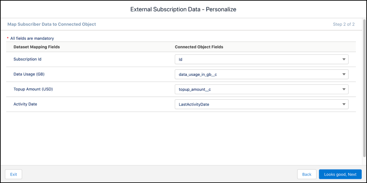 Dataset and Object Field Mapping including Subscription Id, Data Usage, and Topup Amount.