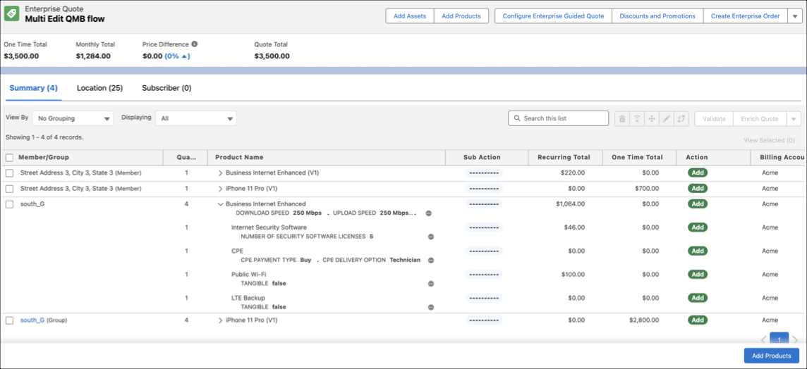 Summary tab showing the configured products.