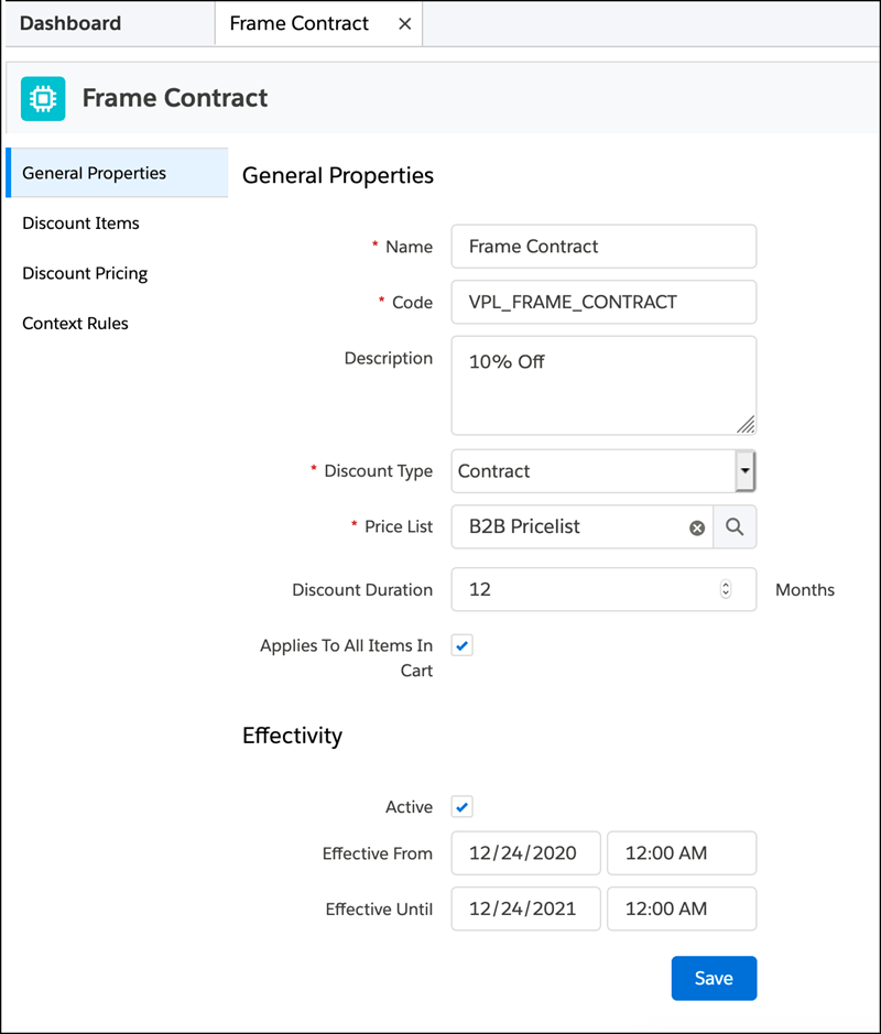 An image of a Frame Contract discount in Vlocity Pricing Console