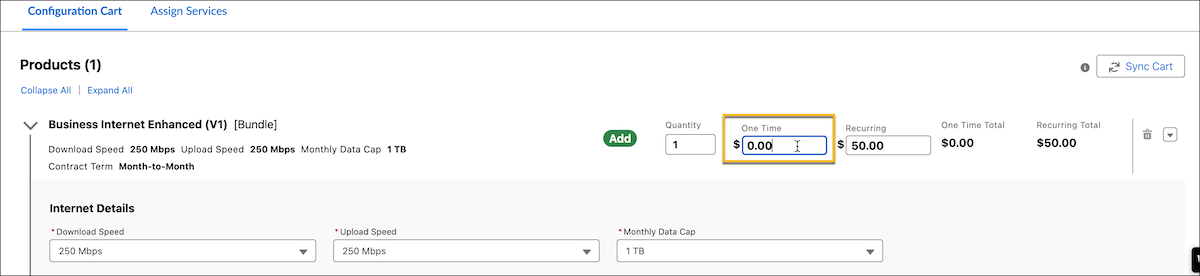 The Configuration Cart displays the One Time field for price adjustment.