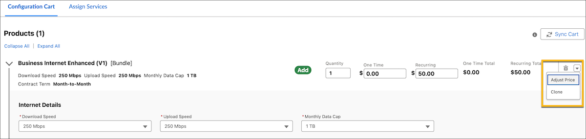 The Configuration Cart page shows the Adjust Price option.