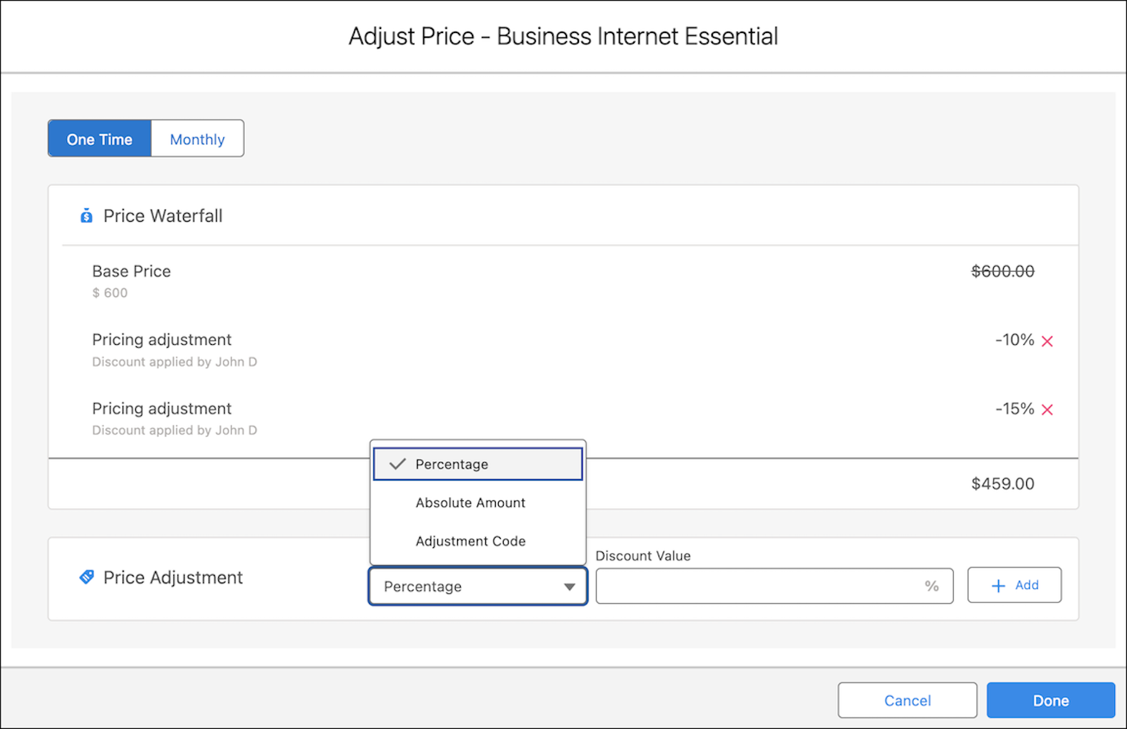 The Price Waterfall section displays the net price calculation.