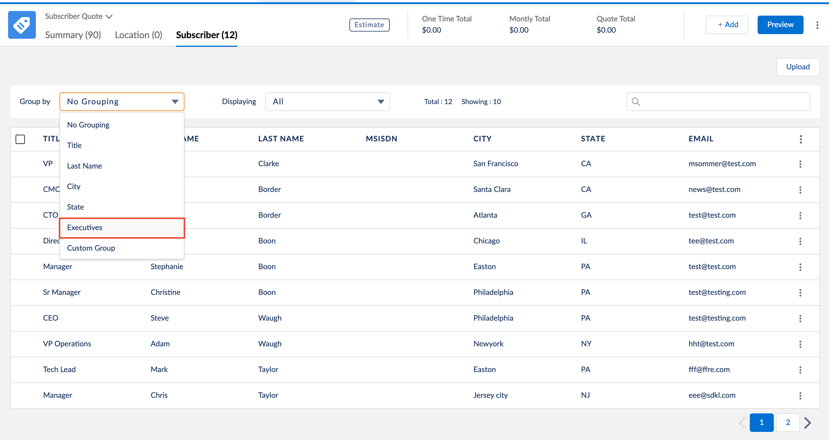 Group By setting with Executives selected.