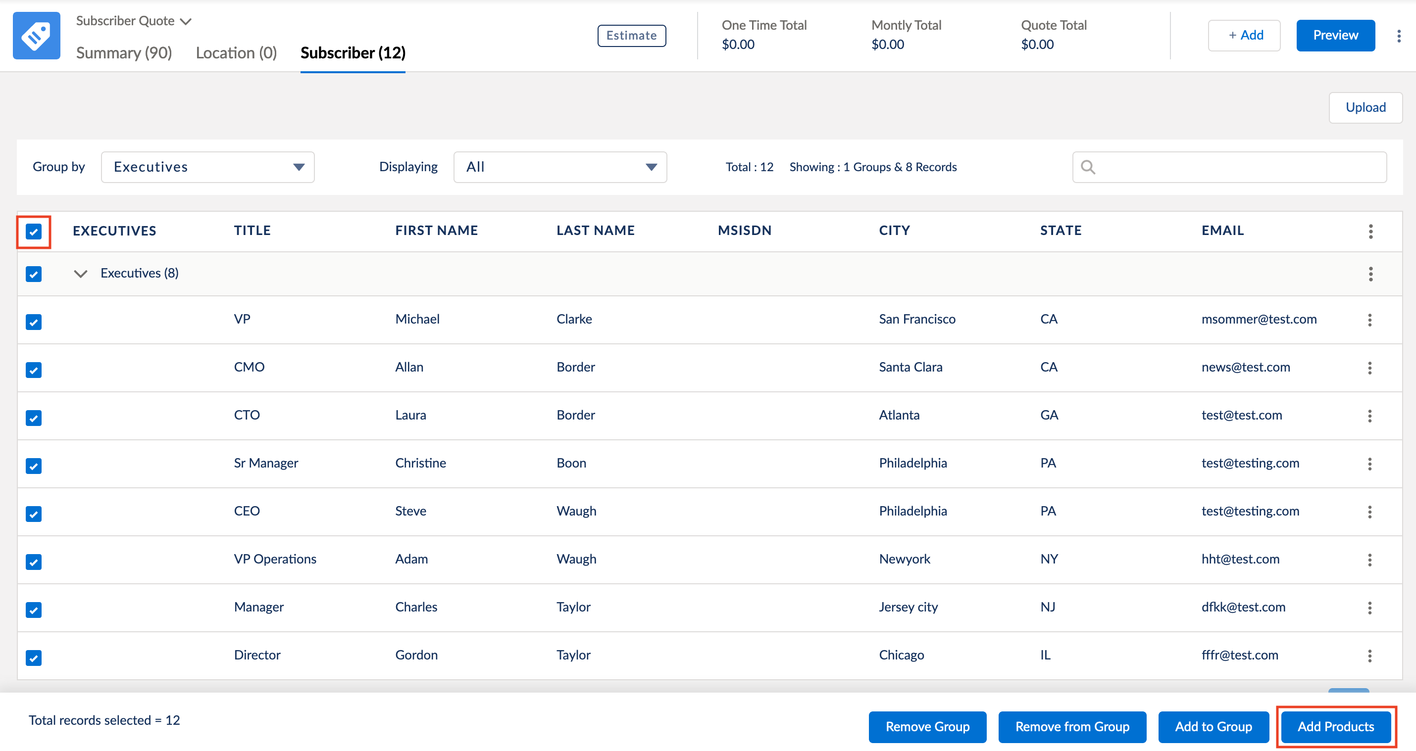 Subscriber Quote page with Add Products highlighted.