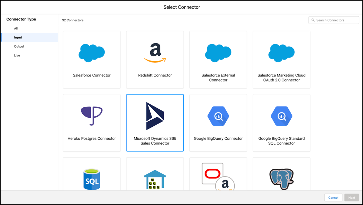 Select an Input type Connector screen.
