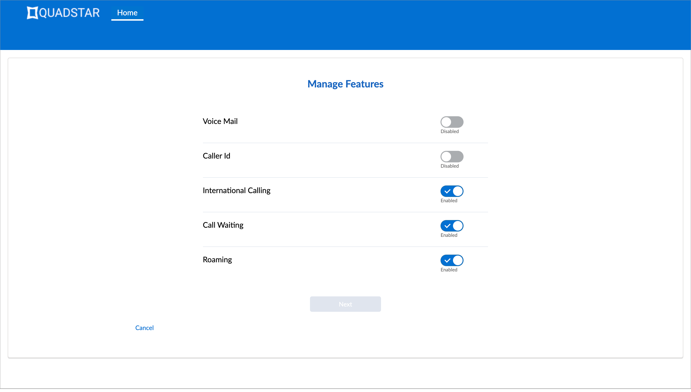 Managing MSM features screen.