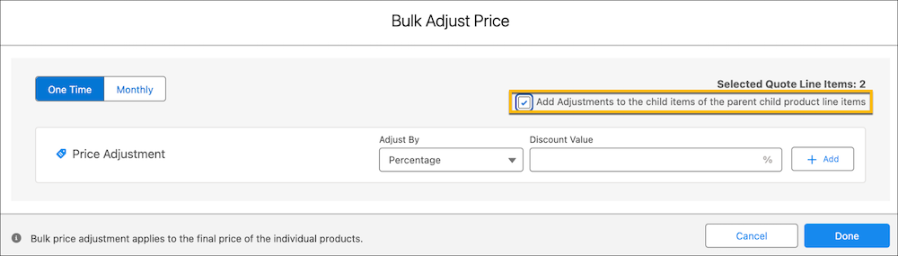 The Bulk Adjust Price page shows the price adjustment option for child items.