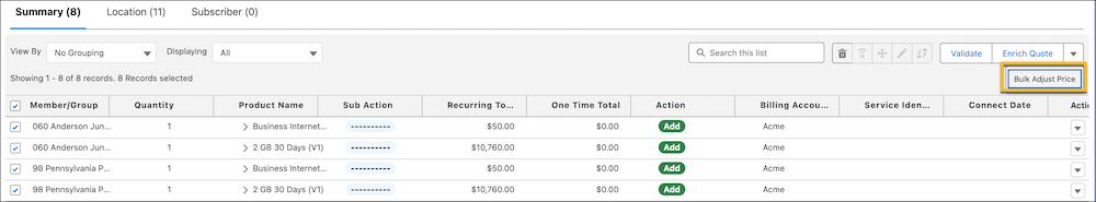 The Summary tab displays the Bulk Adjust Price option.