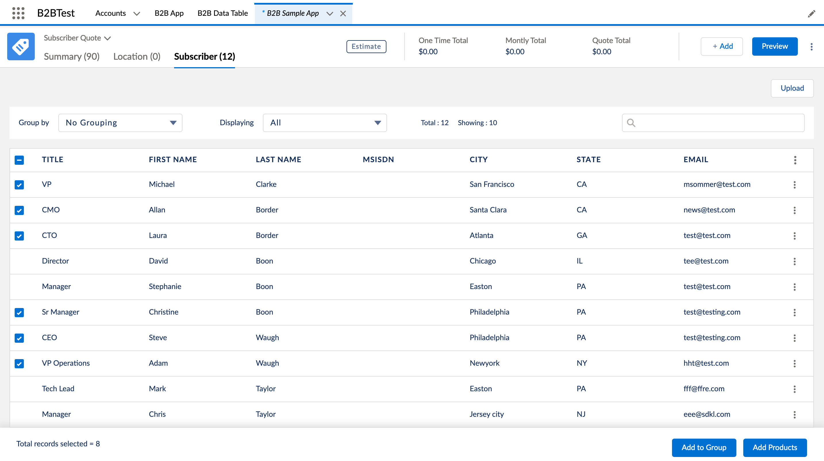 List of subscribers with VP, CMO, CTO, and other groups selected. The Add to Group button is now available.