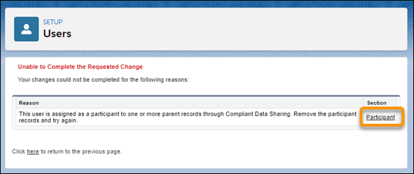 User page in Setup displayed when you attempt to deactivate a user who has account or record participant records.
