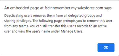 A window displaying information about deactivating a user.