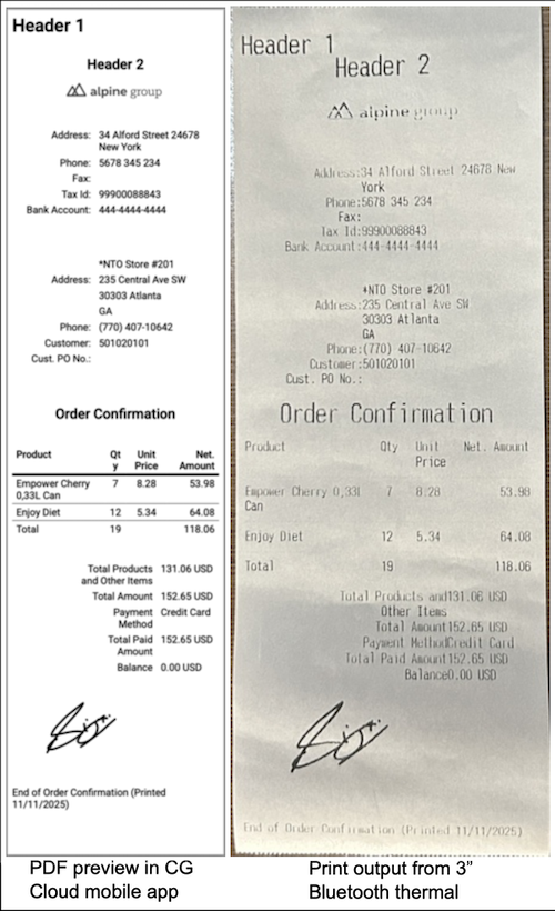 Print result of an order invoice based on the sample print layout.