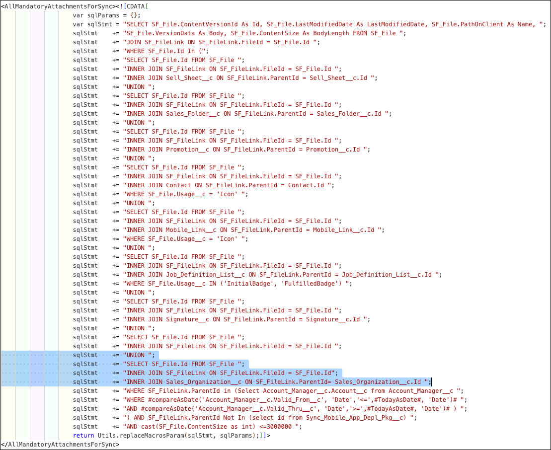 Placement position of the SQL query snippet in the AllMandatoryAttachmentsForSync section.
